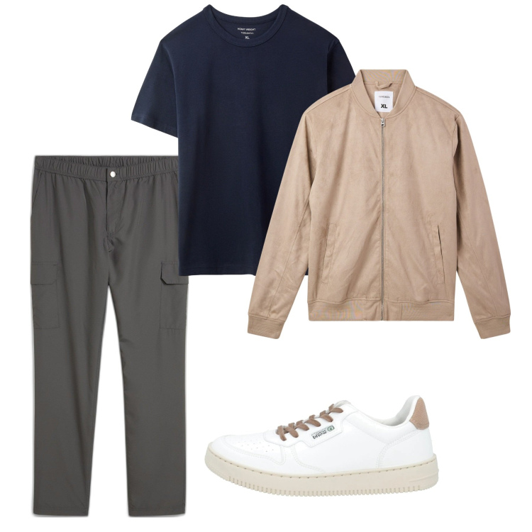 Outfit uomo - Total look. Stile Casual per Tutti i giorni. Abbinamento con pantaloni cargo, sneakers, t-shirt, bomber.
