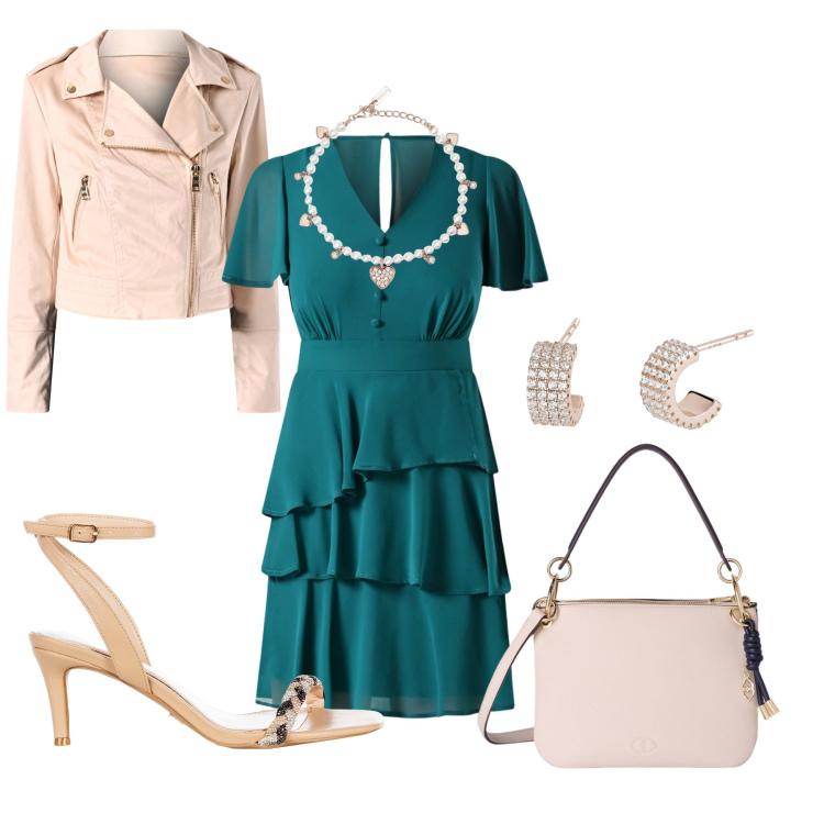 Outfit donna - Total look #2113866. Stile Casual chic per Cerimonia. Abbinamento con braccialetti, orecchini, vestiti corti, sandali in pelle, giacche, borse a tracolla.