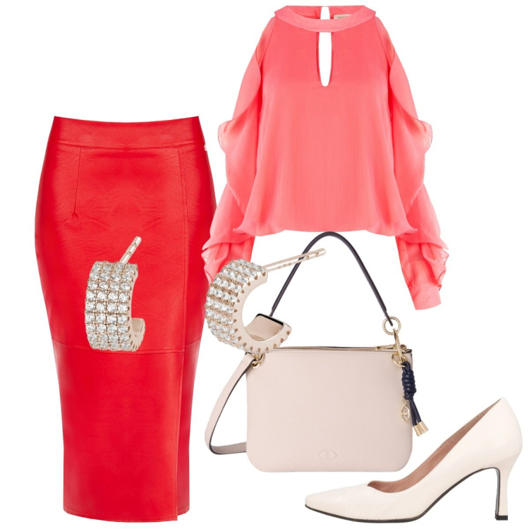 Outfit donna - Blusa con rouches rosa camelia-curvy. Stile Glamour per Cerimonia. Abbinamento con décolleté, orecchini, gonne longuette, bluse, borse a tracolla.