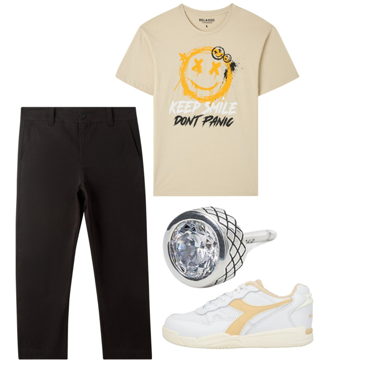 Outfit uomo - Total look. Stile Casual per Tutti i giorni. Abbinamento con sneakers, t-shirt, pantaloni chino, orecchini.