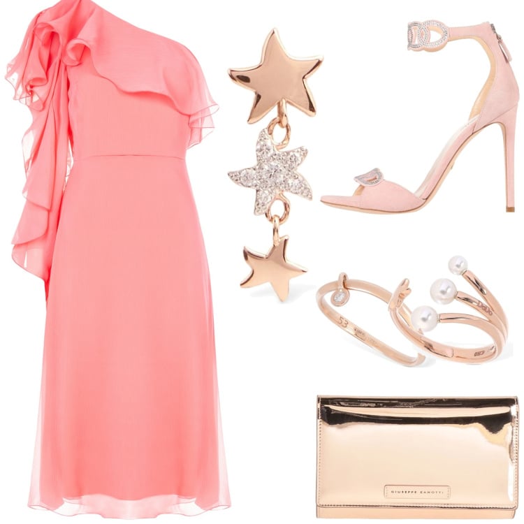 Outfit donna - Testimone di Nozze. Stile Chic per Cerimonia. Abbinamento con borse a mano, sandali in pelle, vestiti asimmetrici, anelli, orecchini, anelli.