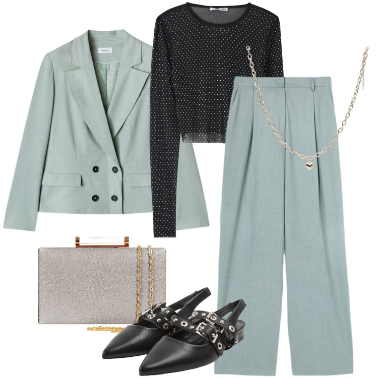Outfit donna - Il completo azzurro polvere. Stile Bon Ton per Cerimonia. Abbinamento con t-shirt, collane, sabot, clutch, pantaloni a palazzo, blazer.