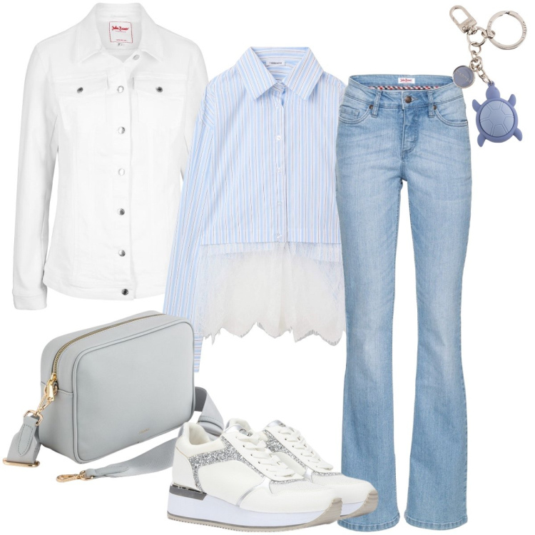 Outfit donna - Il camicione a righe. Stile Casual per Tutti i giorni. Abbinamento con jeans bootcut, blazer, camicie, sneakers, portachiavi, borse a tracolla.