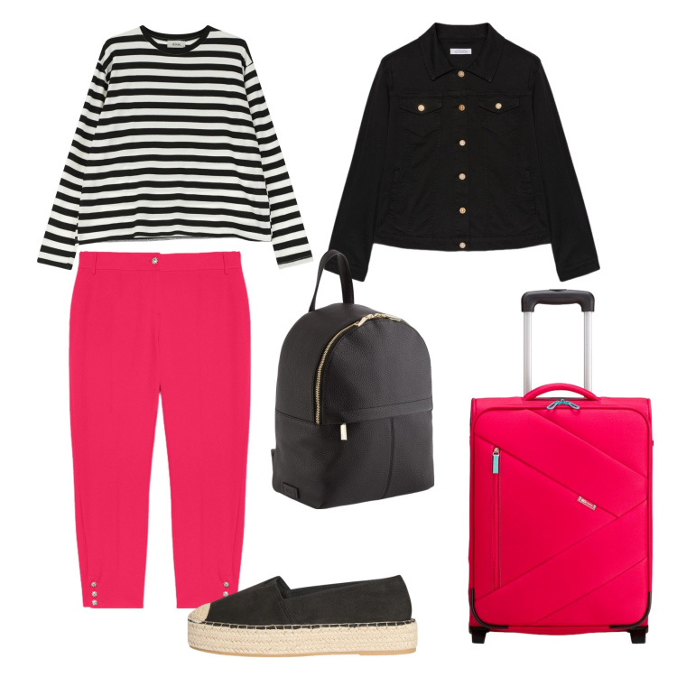 Outfit donna - Pasqua in viaggio. Stile Casual Abbinamento con espadrillas, t-shirt, pantaloni chino, valigie, blazer, zaini.