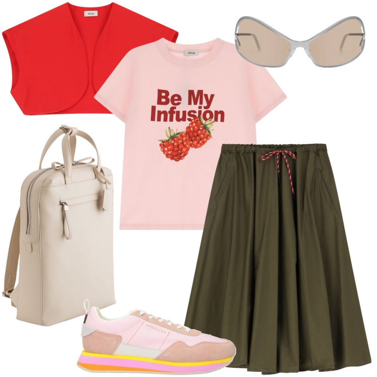 Outfit donna - Il bolero rosso. Stile Trendy per Tutti i giorni. Abbinamento con sneakers, gilet, gonne longuette, t-shirt, occhiali da sole, zaini.