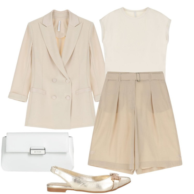 Outfit donna - Le bermuda con cintura. Stile Romantica per Serata fuori. Abbinamento con ballerine, borse a mano, pantaloni corti, blazer, t-shirt.