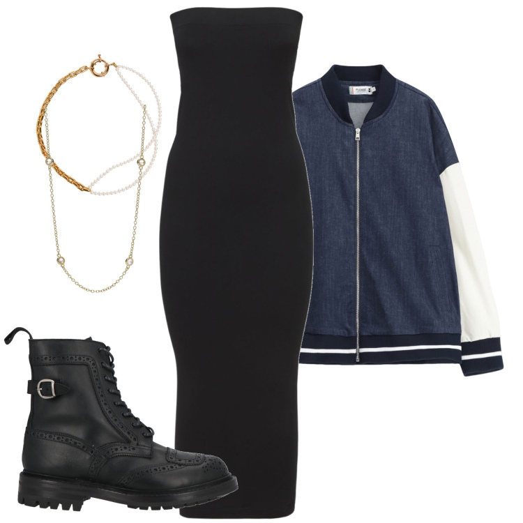 Outfit donna - Porto i bimbi a scuola. Stile Sporty chic per Tutti i giorni. Abbinamento con anfibi, collane, bomber, vestiti midi/longuette, collane.