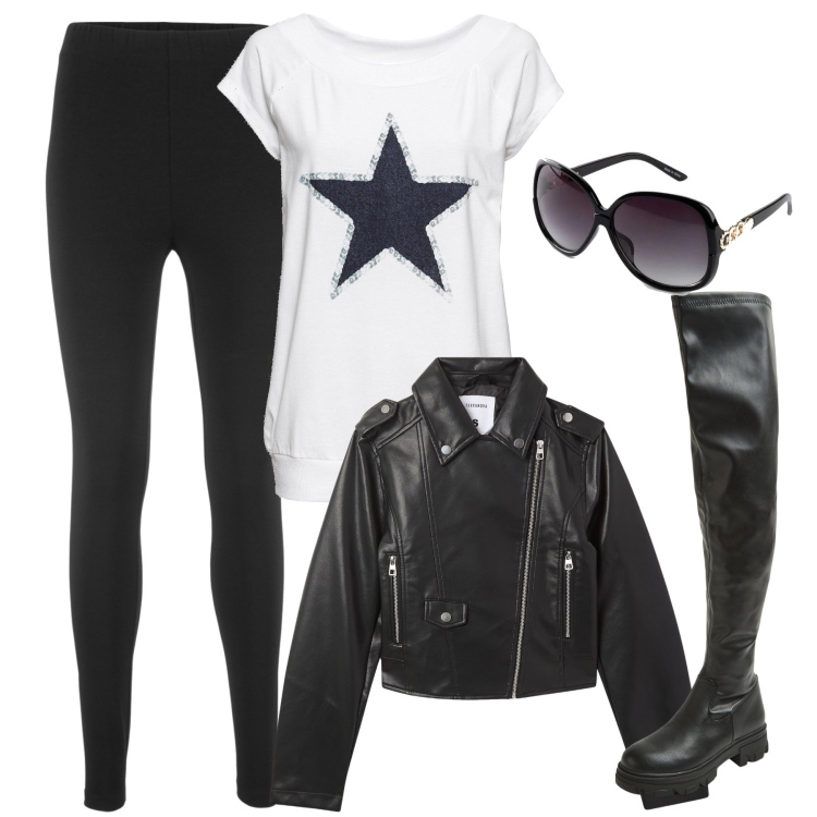 Outfit donna - Bella e comoda. Stile Sporty chic per Tutti i giorni. Abbinamento con leggings, t-shirt, occhiali da sole, giacche, stivali.