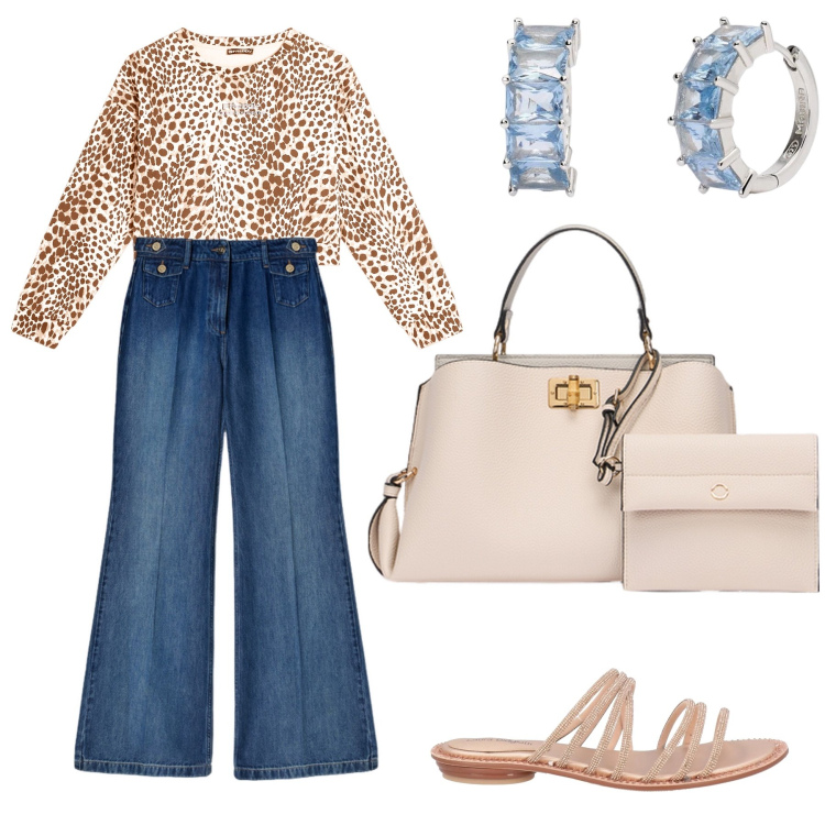 Outfit donna - Il jeans a vita alta. Stile Sporty chic per Tutti i giorni. Abbinamento con sandali, orecchini, felpe, jeans, borse a mano.