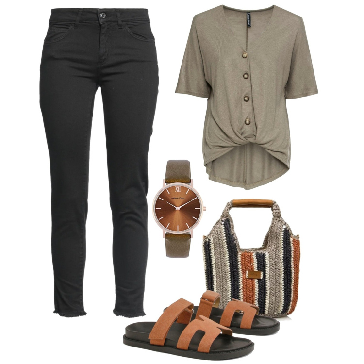 Outfit femme - Printemps Basics. Style Basique pour Tous les jours. Assortir avec tuniques, jean skinny, sacs à main, mules, montres analogiques.