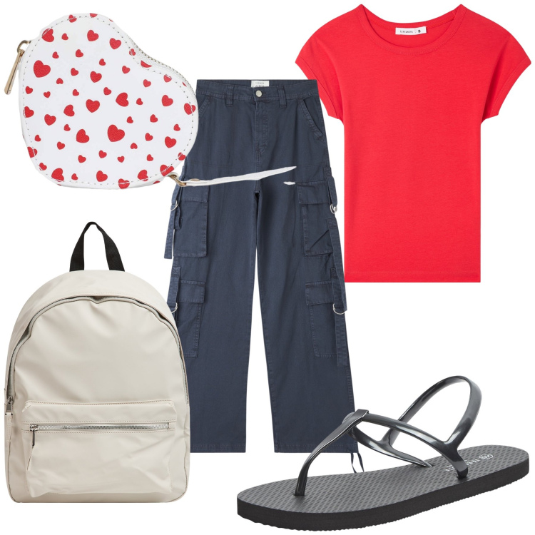 Outfit donna - Ai giardini in Terranova. Stile Basic per Tutti i giorni. Abbinamento con portafogli, t-shirt, sandali, pantaloni cargo, zaini.