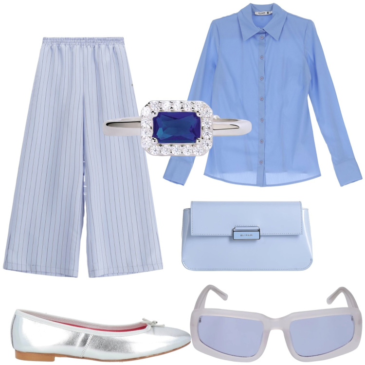 Outfit donna - Incontro a lui. Stile Bon Ton per Tutti i giorni. Abbinamento con ballerine, borse a mano, anelli, pantaloni a palazzo, camicie, occhiali da sole.