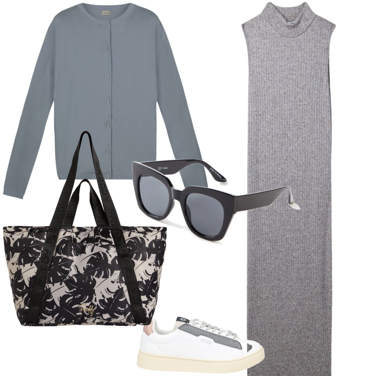 Outfit donna - Quando basta un golfino. Stile Basic per Tutti i giorni. Abbinamento con occhiali da sole, sneakers, vestiti senza maniche, shopping bag, cardigans.