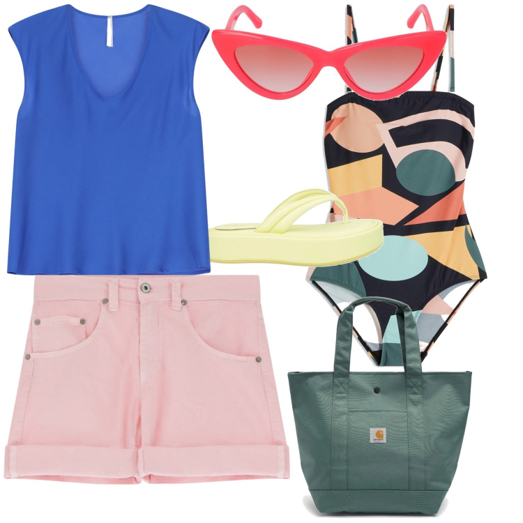 Outfit donna - Un mare di colori. Stile Trendy per Mare. Abbinamento con costumi interi, ciabatte, shorts, top, borse tote, occhiali da sole.