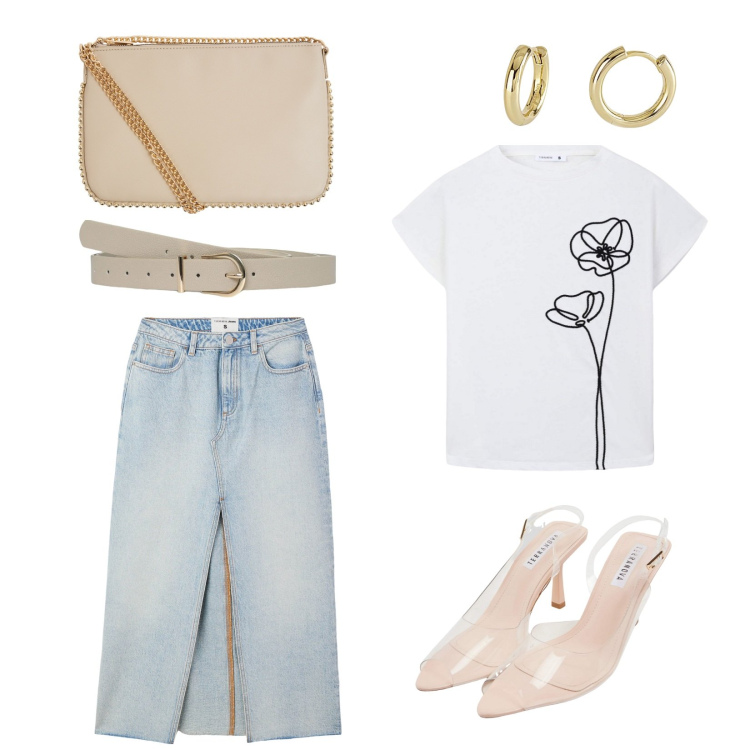 Outfit donna - Total look #2113923. per Tutti i giorni. Abbinamento con sandali col tacco, borse a tracolla, gonne lunghe, cinture, t-shirt, orecchini.