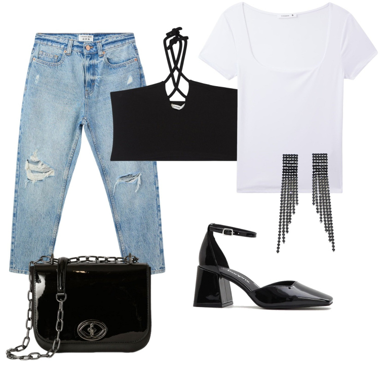 Outfit donna - Nero lucido. Stile Rock per Tutti i giorni. Abbinamento con décolleté, top, jeans mom, t-shirt, orecchini, borse a tracolla.