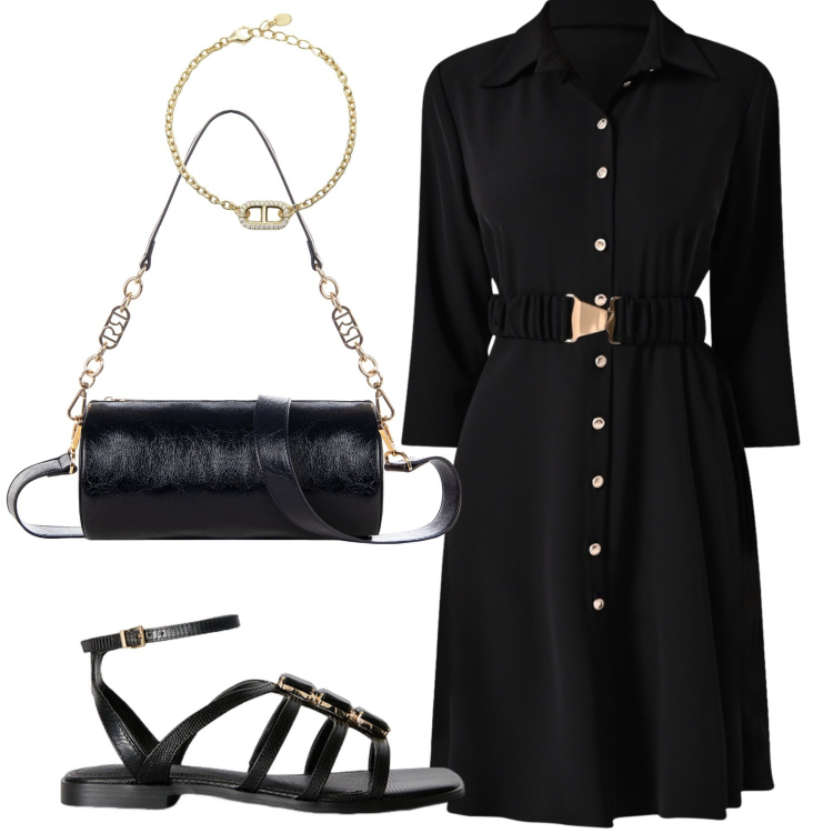 Outfit donna - Perfetto abito da ufficio. Stile Urban per Ufficio. Abbinamento con braccialetti, vestiti chemisier, borse a mano, sandali gioiello.