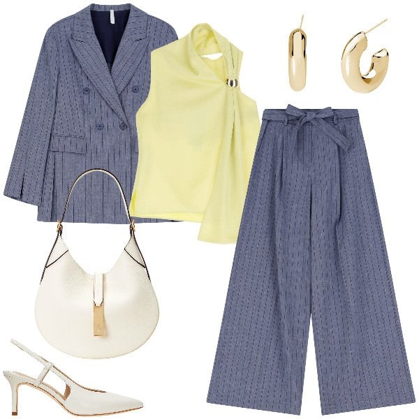Outfit donna - Completo blu polveroso e giallo tenue. Stile Bon Ton per Ufficio. Abbinamento con orecchini, top, pantaloni, blazer, borse a spalla, décolleté.