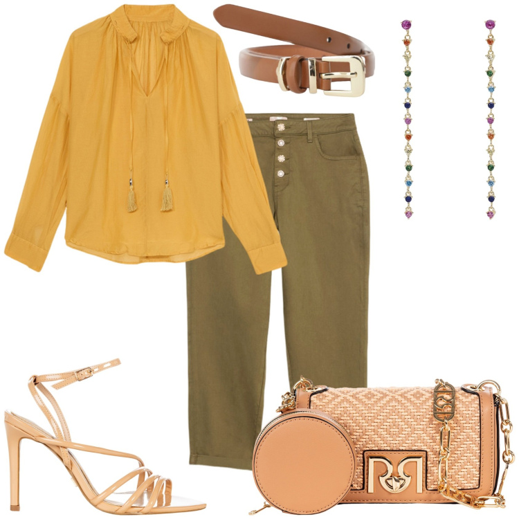 Outfit donna - Sempre con i tacchi. Stile Casual chic per Tutti i giorni. Abbinamento con orecchini, sandali col tacco, borse a tracolla, cinture, pantaloni, bluse.