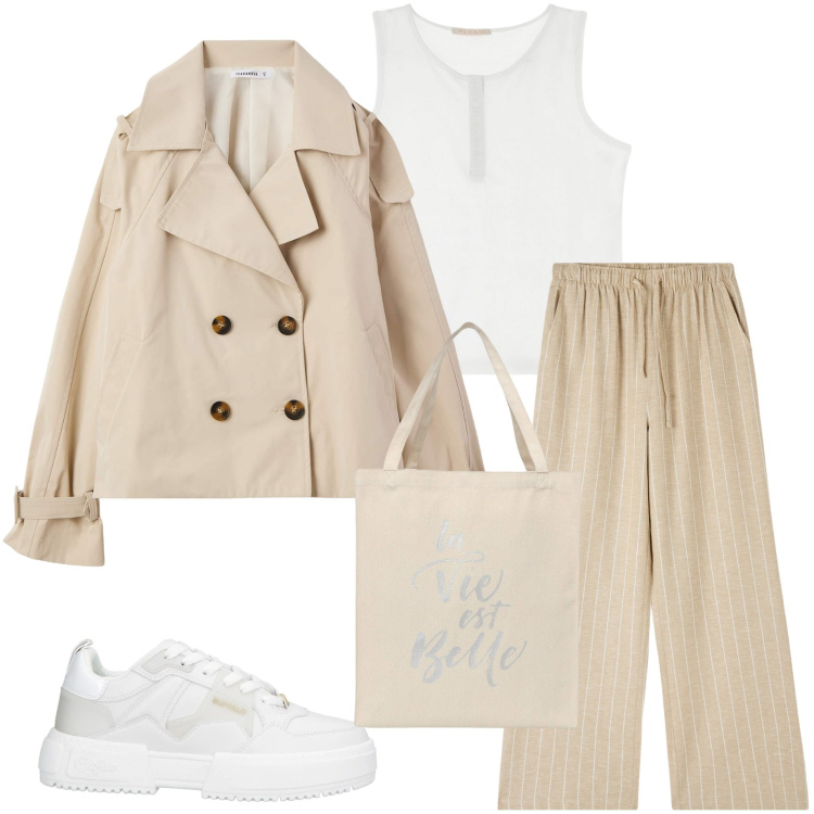 Outfit donna - In città. Stile Casual per Ufficio. Abbinamento con sneakers, pantaloni, borse tote, trench, canottiere.
