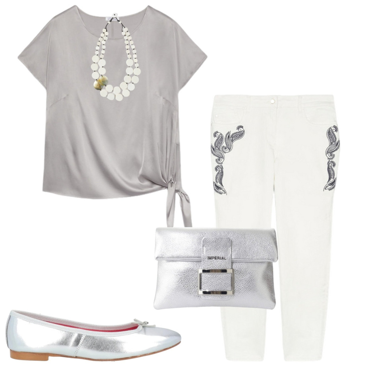 Outfit donna - Sporty chic. Stile Sporty chic per Serata fuori. Abbinamento con ballerine, pochette, pantaloni, bluse, ciondoli.