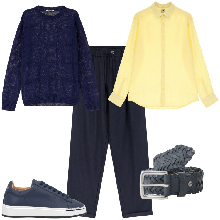 Outfit uomo - Total look #2113999. Stile Trendy per Ufficio. Abbinamento con sneakers, pullovers, cinture, camicie, pantaloni.