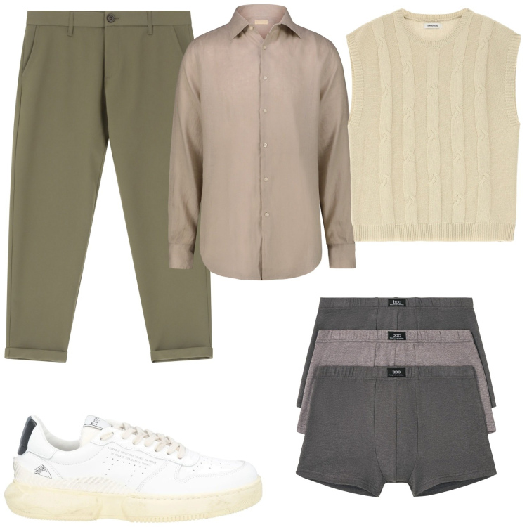 Outfit uomo - I colori della terra. Stile Casual per Ufficio. Abbinamento con boxer, sneakers, pantaloni chino, maglieria, camicie.