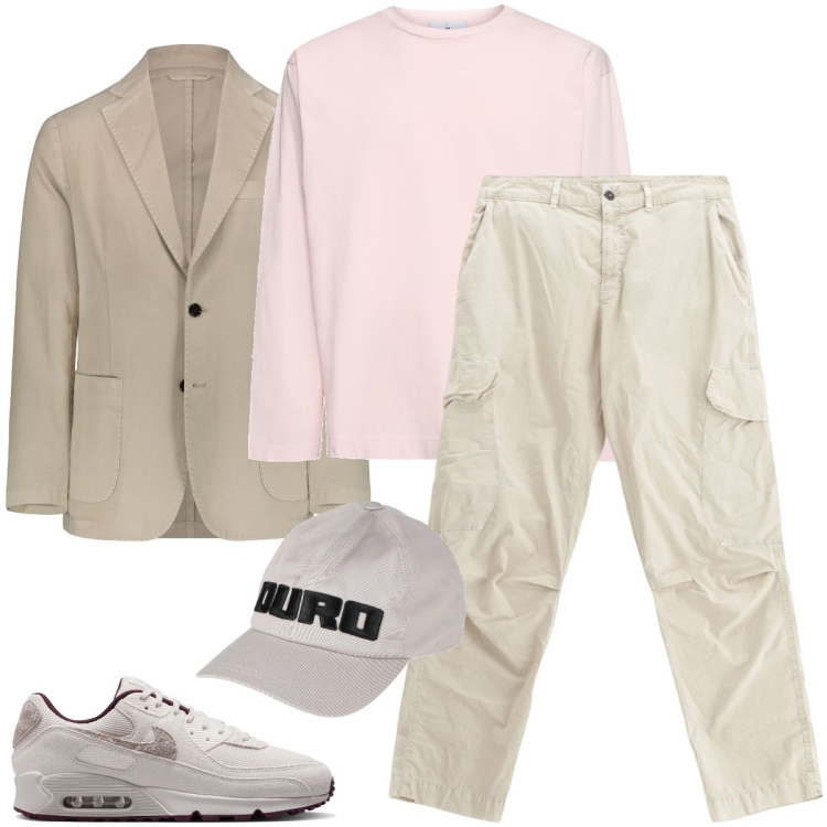 Outfit uomo - La t-shirt rosa. Stile Trendy per Ufficio. Abbinamento con cappelli con visiera, pantaloni cargo, giacche, sneakers, t-shirt.