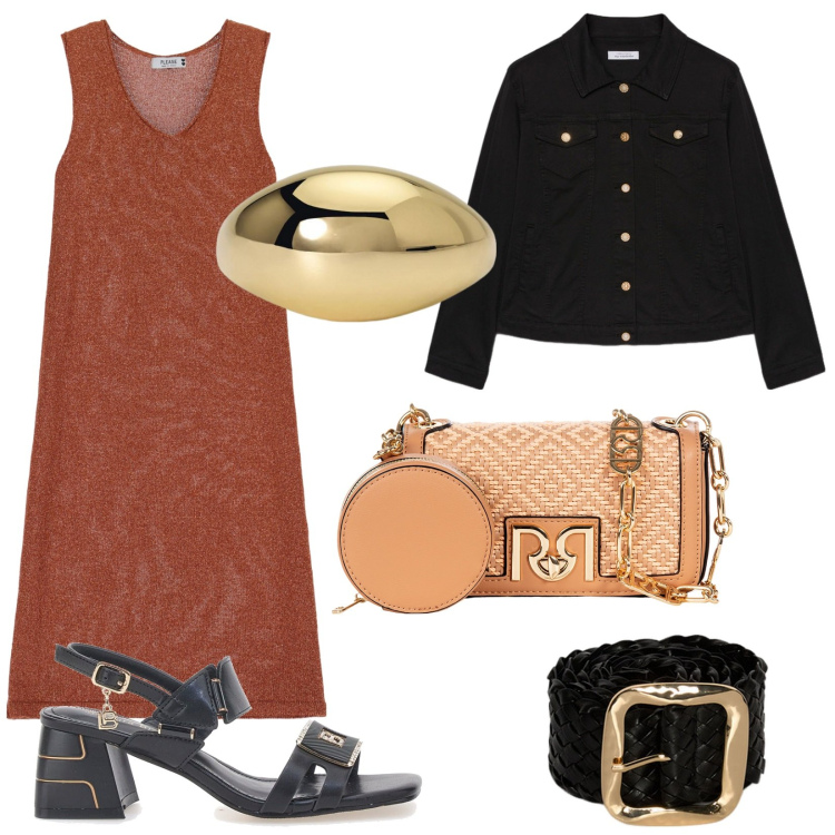 Outfit donna - Accessori statement. Stile Basic per Tutti i giorni. Abbinamento con anelli, borse a tracolla, vestiti midi/longuette, sandali col tacco, cinture, blazer.