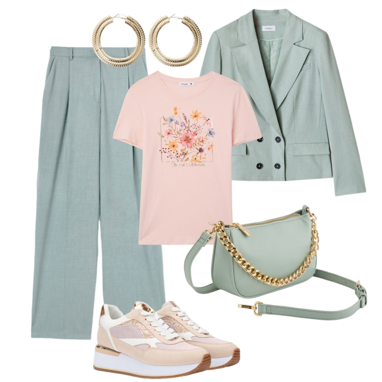 Outfit donna - Ufficio pastello informale. Stile Casual chic per Ufficio. Abbinamento con t-shirt, orecchini, pantaloni a palazzo, blazer, borse a tracolla, sneakers.
