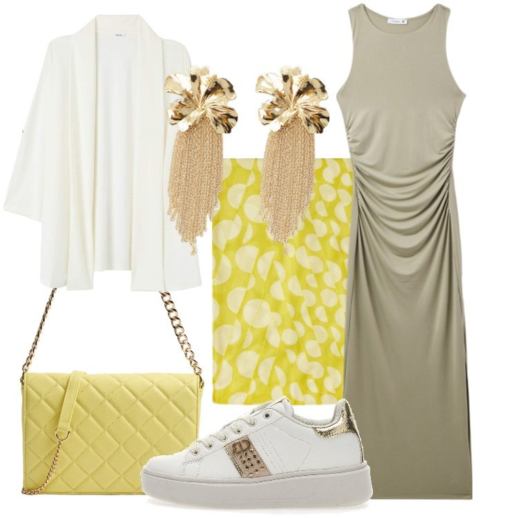 Outfit donna - Accessori statement per la primavera. Stile Trendy per Serata fuori. Abbinamento con vestiti lunghi, blazer, borse a tracolla, orecchini, stole, sneakers.