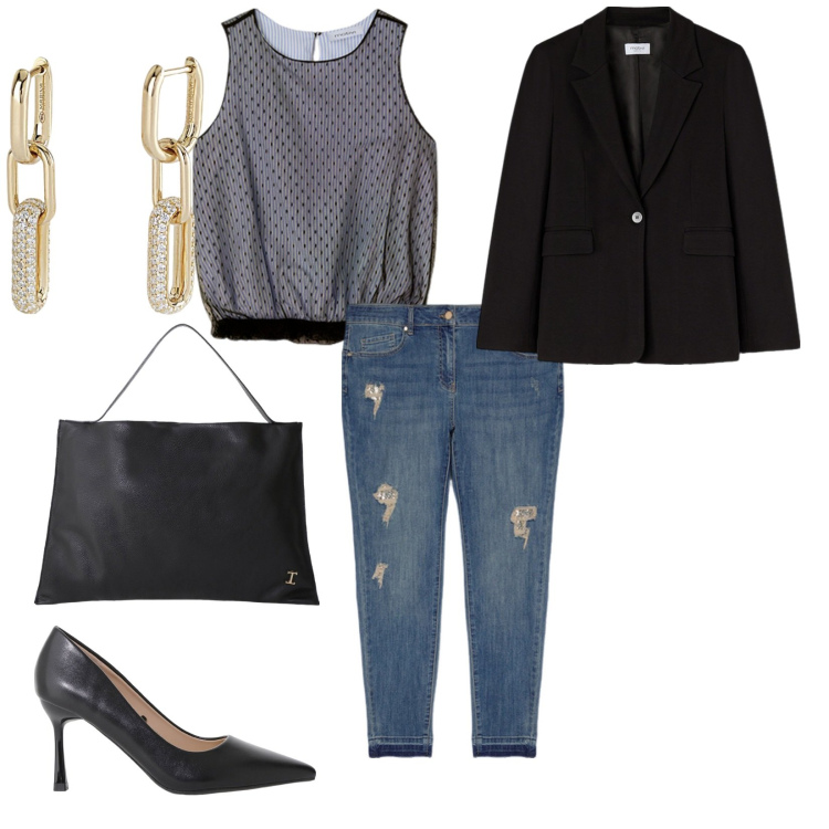 Outfit donna - In ufficio. per Ufficio. Abbinamento con orecchini, décolleté, borse a spalla, jeans strappati, blazer, top.
