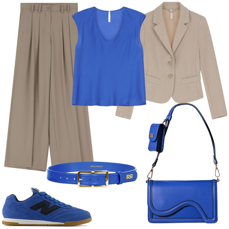 Outfit donna - Accessori statement. Stile Casual chic per Serata fuori. Abbinamento con top, blazer, sneakers, pochette, cinture, pantaloni.