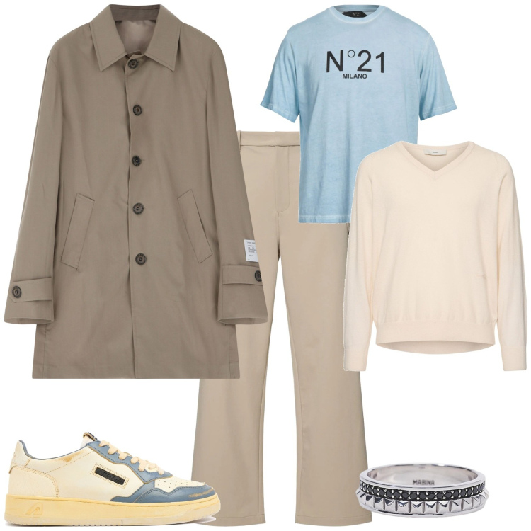 Outfit uomo - Total look #2114019. Stile Trendy per Tutti i giorni. Abbinamento con t-shirt, anelli, trench, pullovers, sneakers, pantaloni.