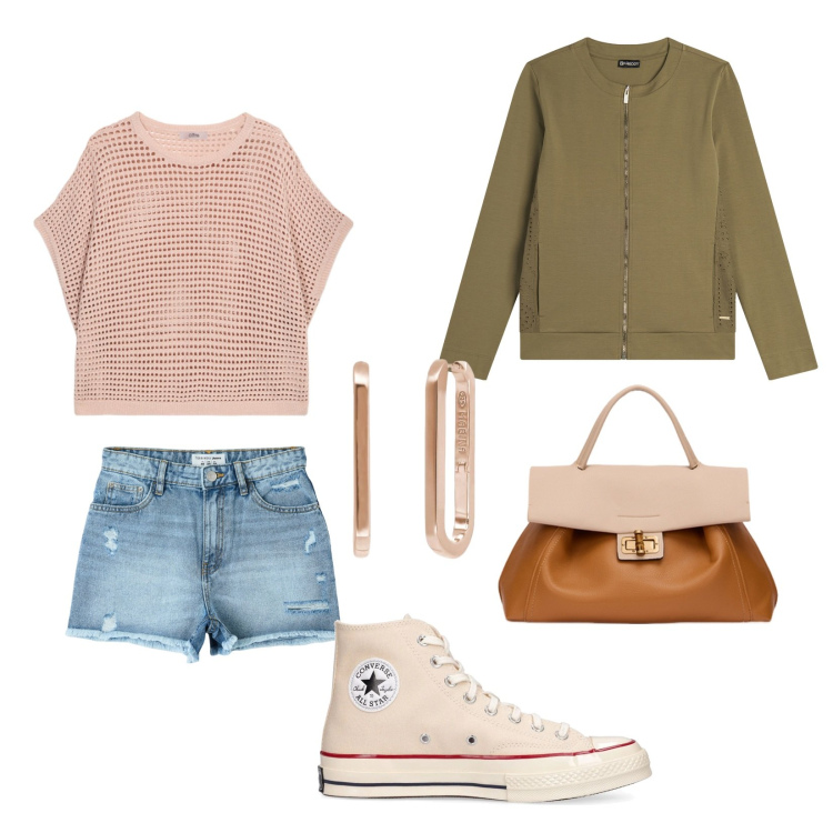 Outfit donna - Total look #2114020. Stile Urban per Tutti i giorni. Abbinamento con shorts, orecchini, felpe, sneakers, borse a tracolla, maglieria.