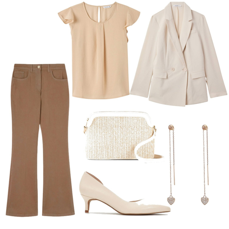 Outfit donna - Tonalità tenui. Stile Casual chic per Serata fuori. Abbinamento con borse a tracolla, décolleté, bluse, blazer, orecchini, pantaloni.