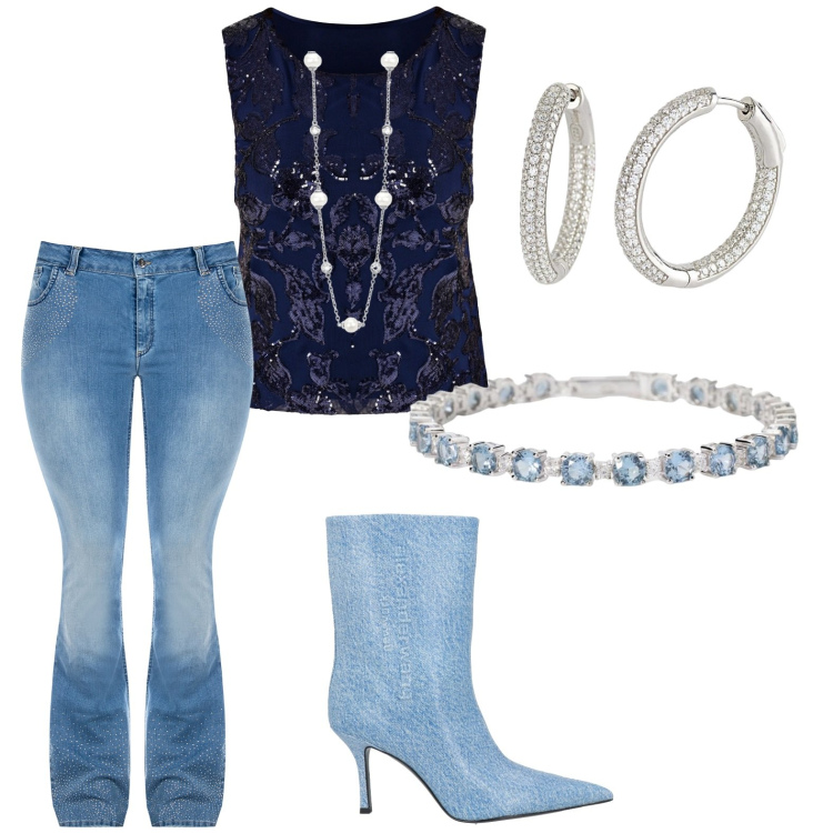 Outfit donna - Accessori per un look primaverile. Stile Casual chic per Serata fuori. Abbinamento con stivaletti, orecchini, collane, braccialetti, jeans a zampa, top.