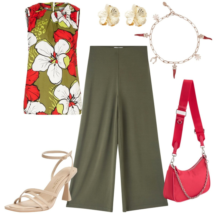 Outfit donna - Total look #2114041. Stile Casual chic per Tutti i giorni. Abbinamento con top, sandali col tacco, pantaloni culotte, braccialetti, orecchini, borse a tracolla.