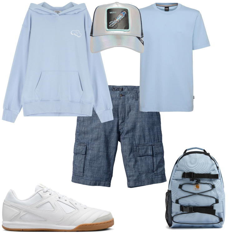 Outfit uomo - Week end al mare. Stile Casual per Mare. Abbinamento con bermuda, felpe con cappuccio, cappelli, borse sportive, sneakers, t-shirt.