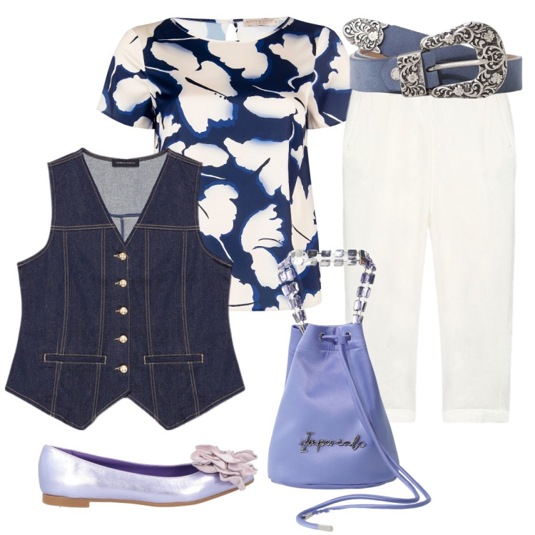 Outfit donna - In città. Stile Bon Ton per Tutti i giorni. Abbinamento con ballerine, bluse, borse a secchiello, cinture, pantaloni, gilet.