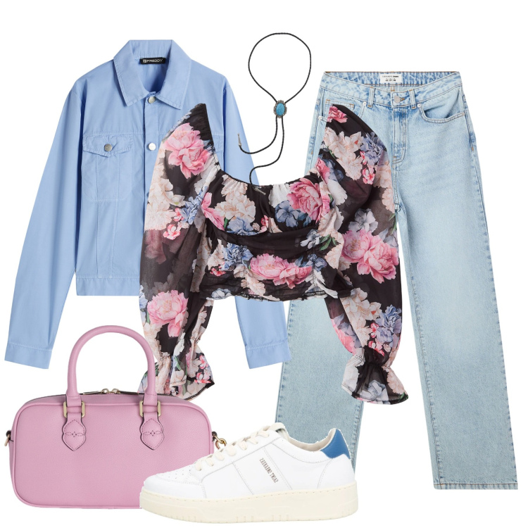 Outfit donna - La blusa floreale. Stile Casual per Tutti i giorni. Abbinamento con sneakers, jeans dritti, bluse, collane, blazer, borse a mano.