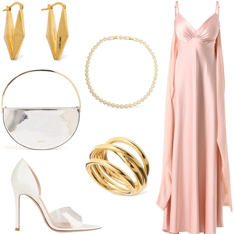 Outfit donna - Cerimonia in rosa cipria. Stile Chic per Cerimonia. Abbinamento con décolleté, vestiti lunghi, pochette, orecchini, anelli, collane.