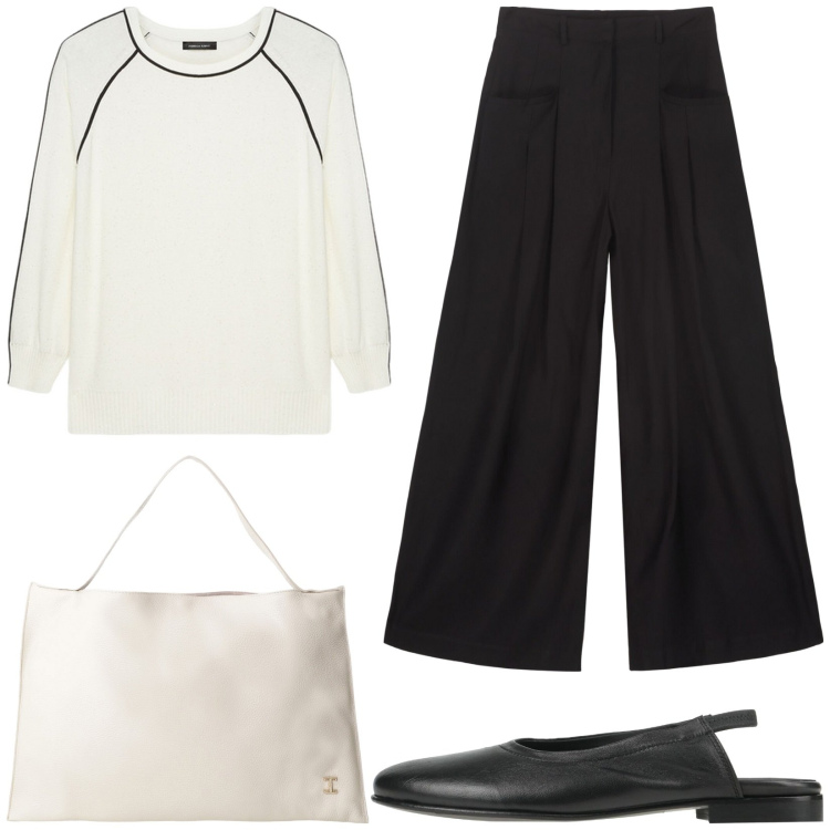 Outfit donna - Total look. Stile Casual per Tutti i giorni. Abbinamento con ballerine, borse a spalla, maglieria, pantaloni.