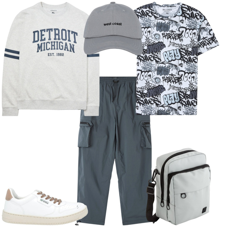 Outfit uomo - Week end. Stile Urban per Tutti i giorni. Abbinamento con sneakers, t-shirt, pantaloni cargo, cappelli con visiera, felpe, borse sportive.