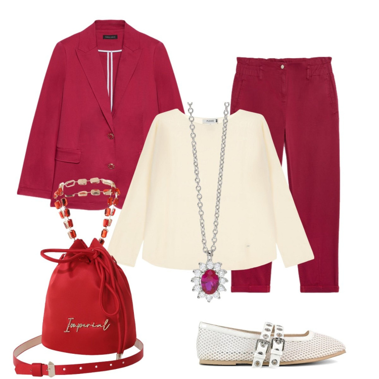 Outfit donna - Il completo rosso granata. Stile Chic per Tutti i giorni. Abbinamento con collane, pullovers, borse a secchiello, pantaloni, ballerine, blazer.
