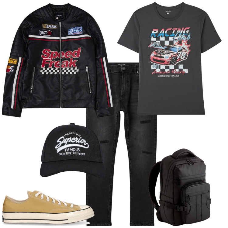 Outfit uomo - Week end. Stile Urban per Tutti i giorni. Abbinamento con jeans strappati, cappelli con visiera, t-shirt, giacche, sneakers, borse sportive.