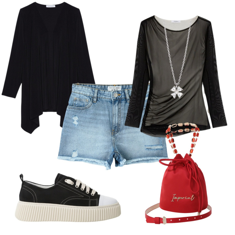 Outfit donna - Gironzolando per la citta\'. Stile Rock per Tutti i giorni. Abbinamento con shorts, collane, borse a secchiello, sneakers, blazer, t-shirt.