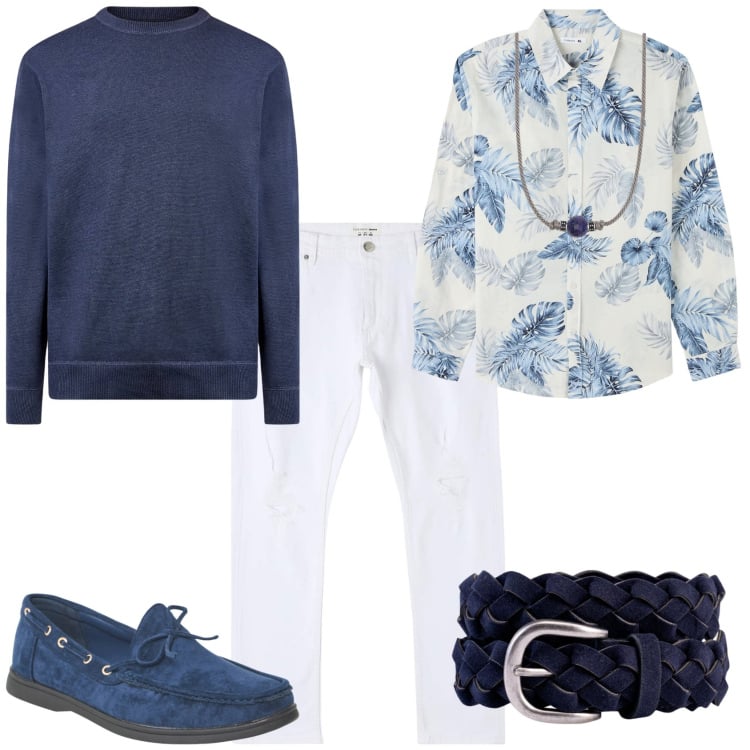 Outfit uomo - Total look #2114073. Stile Trendy per Serata speciale. Abbinamento con camicie, scarpe stringate, jeans strappati, collane, maglieria, cinture.