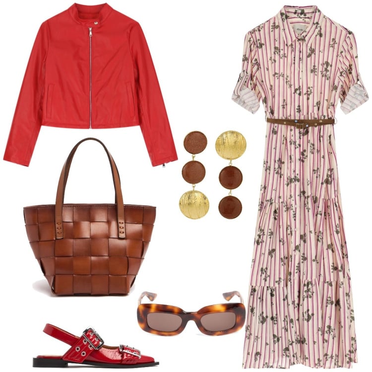Outfit donna - Passeggiata. Stile Casual chic per Tutti i giorni. Abbinamento con giacche, vestiti lunghi, borse a mano, occhiali da sole, orecchini, ballerine.