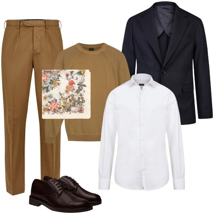 Outfit uomo - Total look #2114079. Stile Casual per Ufficio. Abbinamento con sciarpe e foulard, pantaloni, scarpe stringate, giacche, maglieria, camicie.
